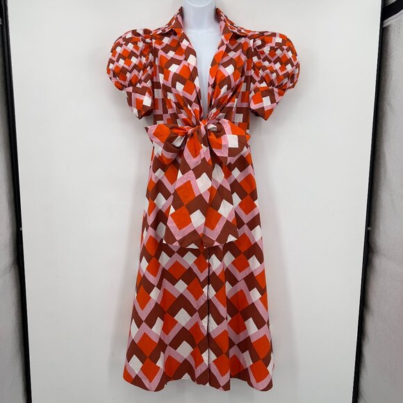 Silvia Tcherassi Roopal Geometric Rouge Puff Sleeve Midi Designer Dress Size S - Picture 1 of 12